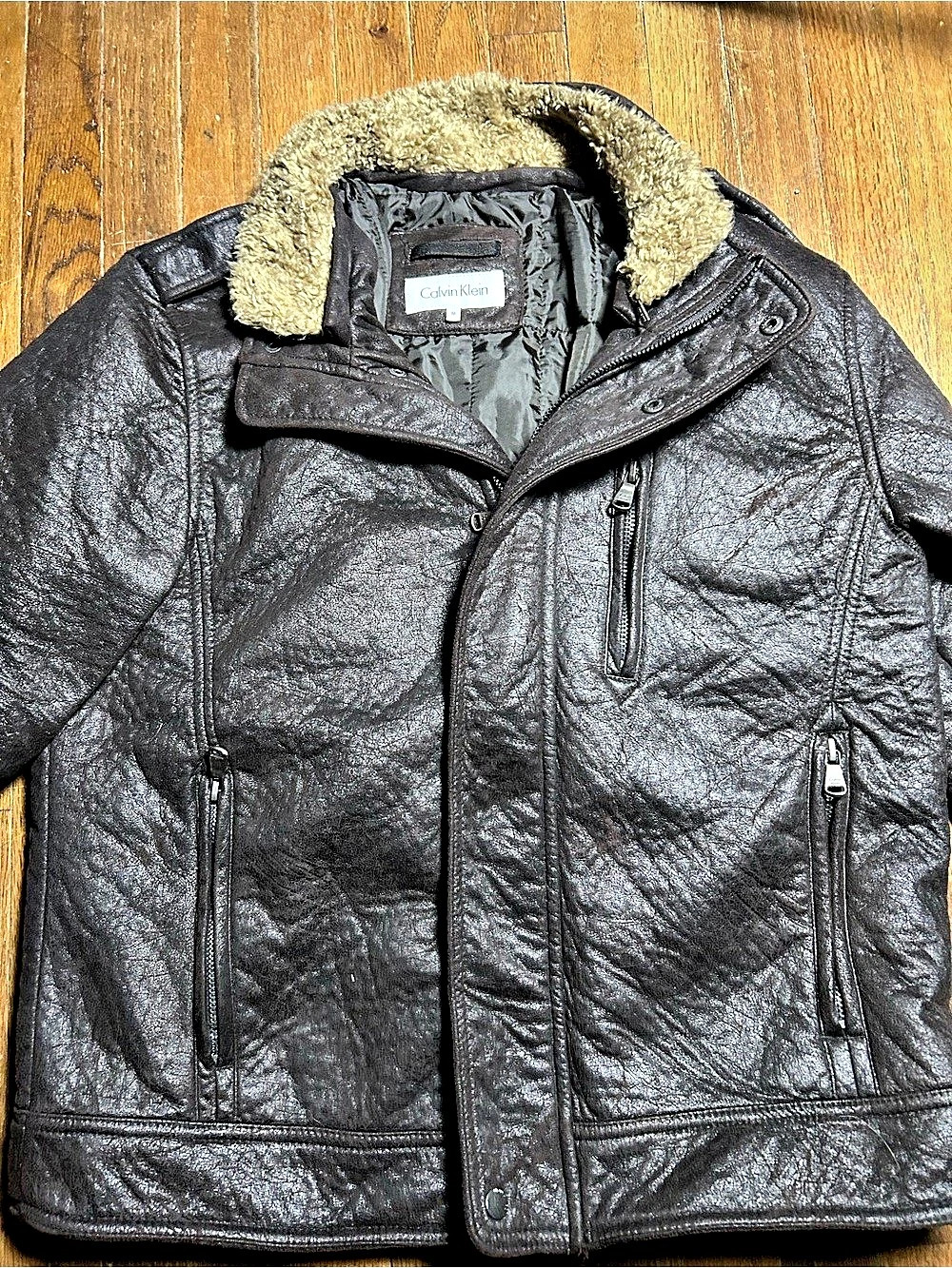 Calvin Klein Faux Leather Jacket with Removable Faux Fur Collar